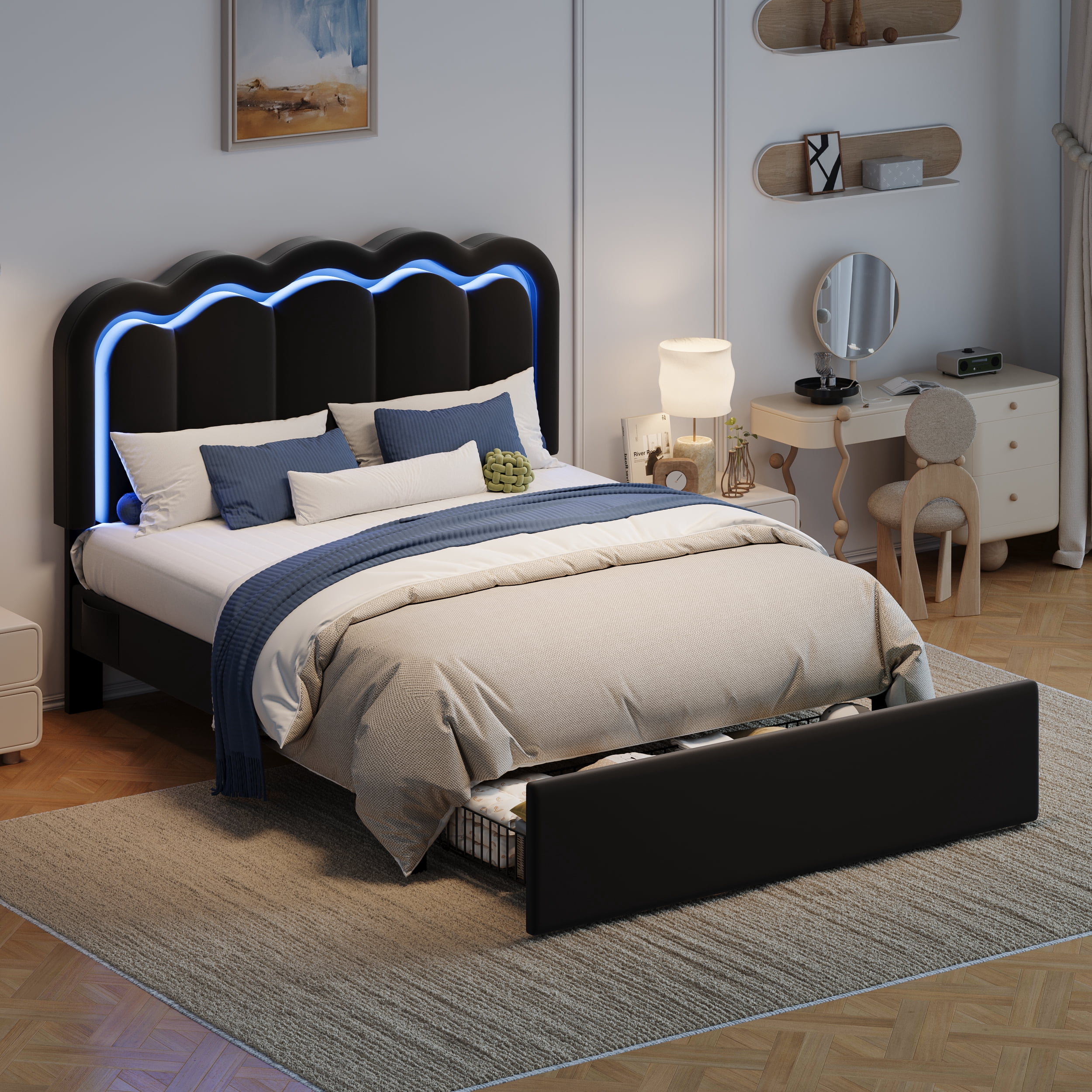 Amolife Full Size LED Bed Frame with Drawer, Platform Bed with Velvet Upholstered Adjustable Wavy Headboard, Black