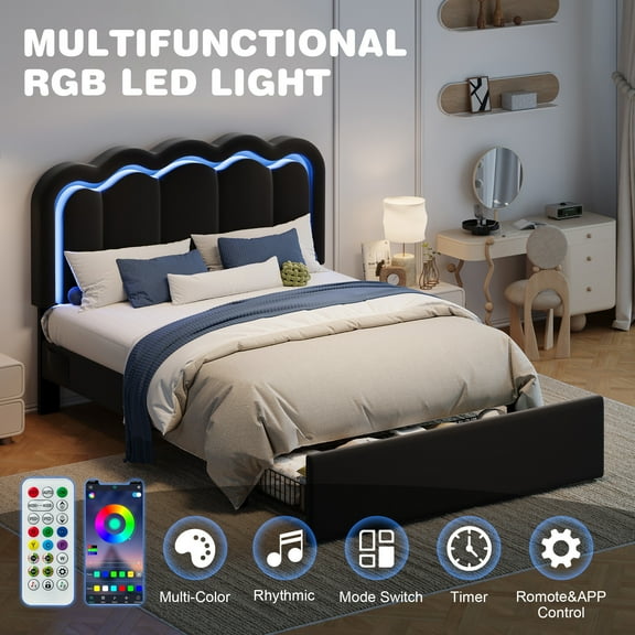 Amolife Full Size LED Bed Frame with Drawer, Platform Bed with Velvet Upholstered Adjustable Wavy Headboard, Black