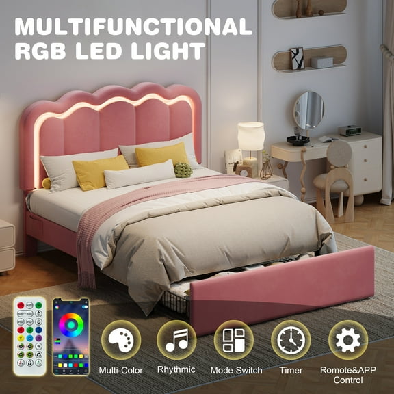 Amolife Full Size LED Bed Frame with Drawer, Platform Bed with Velvet Upholstered Adjustable Wavy Headboard, Pink