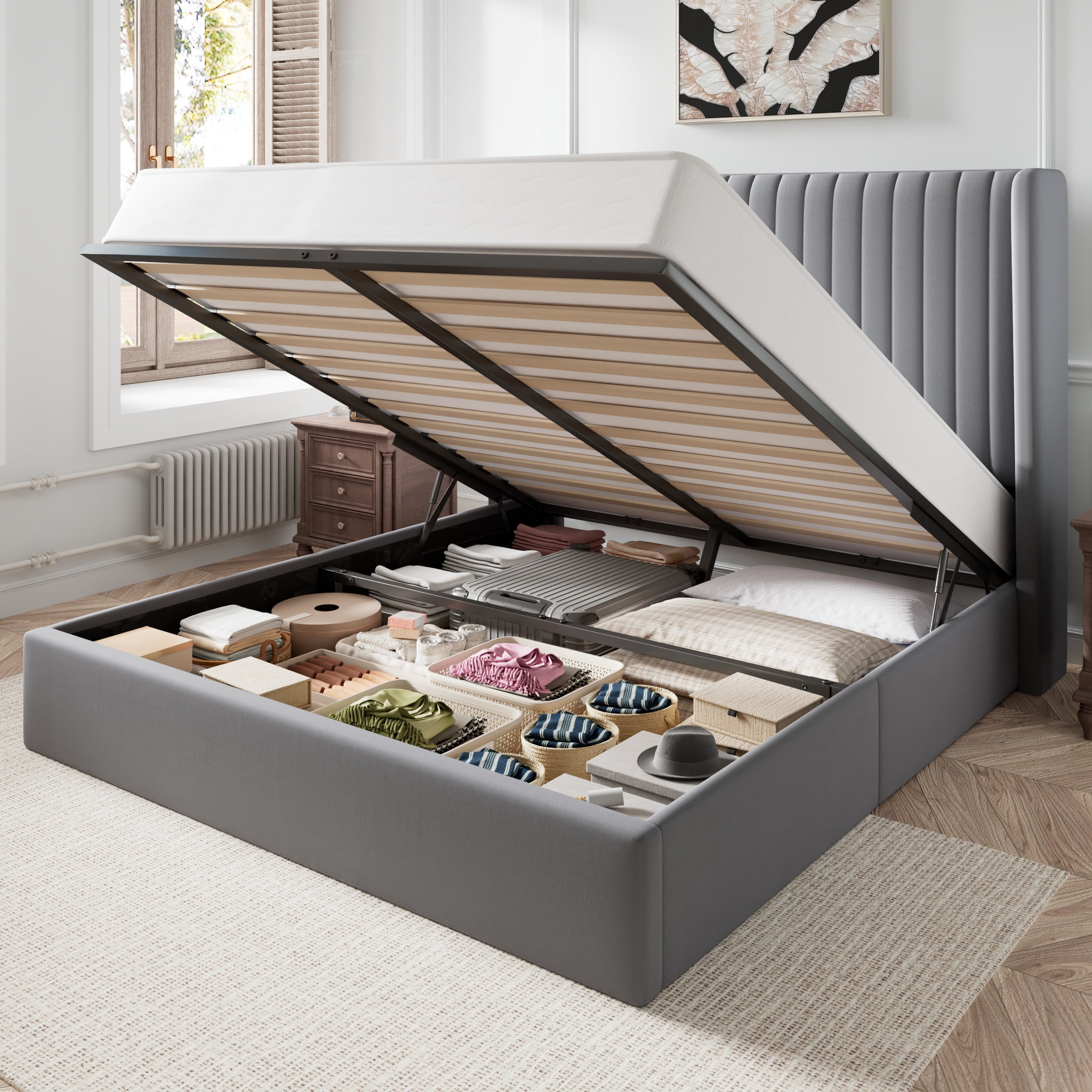 Amolife Full Size Lift Up Hydraulic Storage Bed Frame, Platform Bed with Upholstered Wingback Headboard with Vertical Channel Tufting, Gray