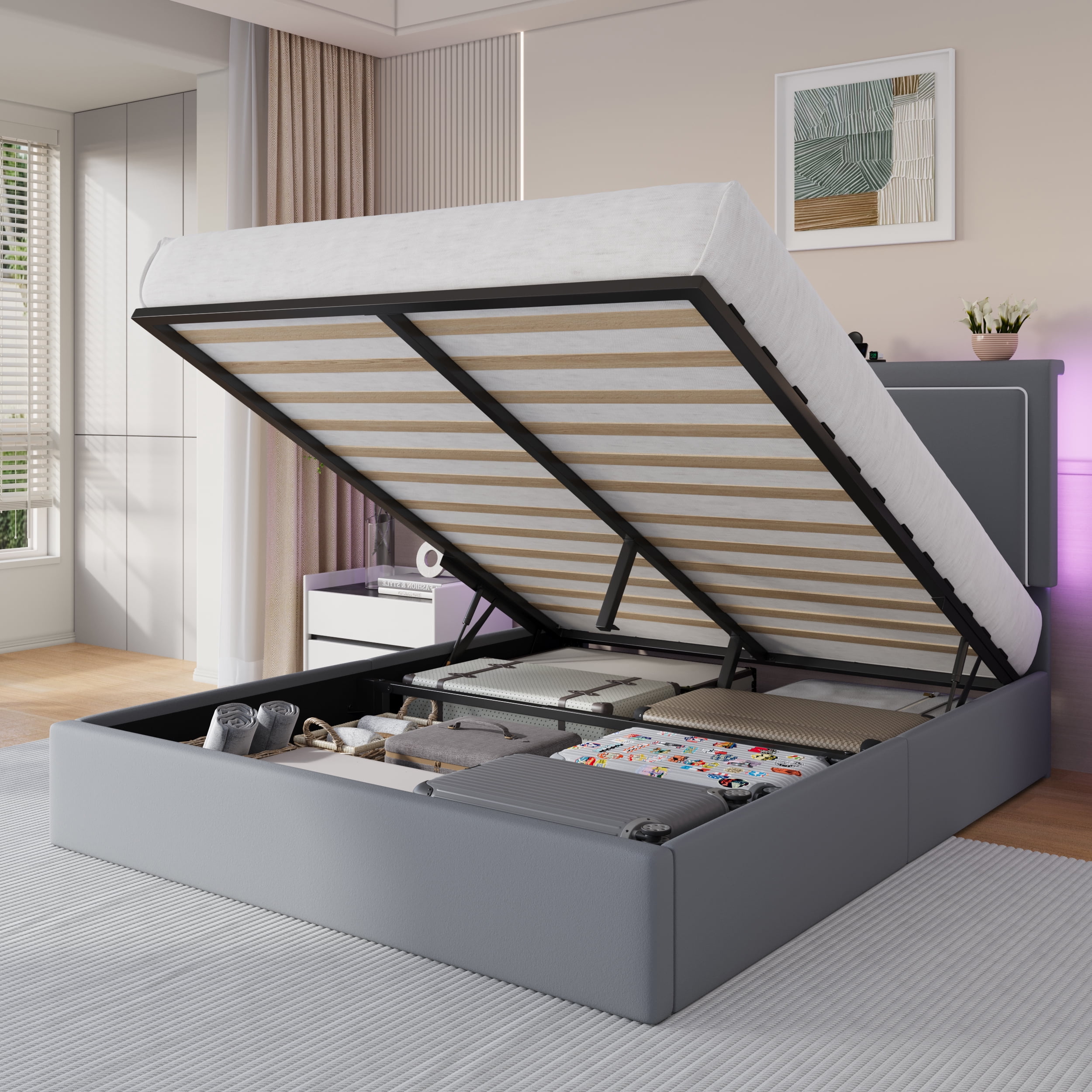 Amolife Full Size Lift Up Hydraulic Storage Bed Frame with LED Light ...