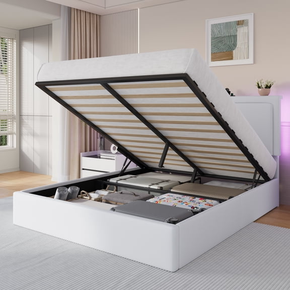 Amolife Full Size Lift Up Hydraulic Storage Bed Frame with LED Light, Built-in Charging Station, Adjustable Velvet Upholstered Storage Headboard, White