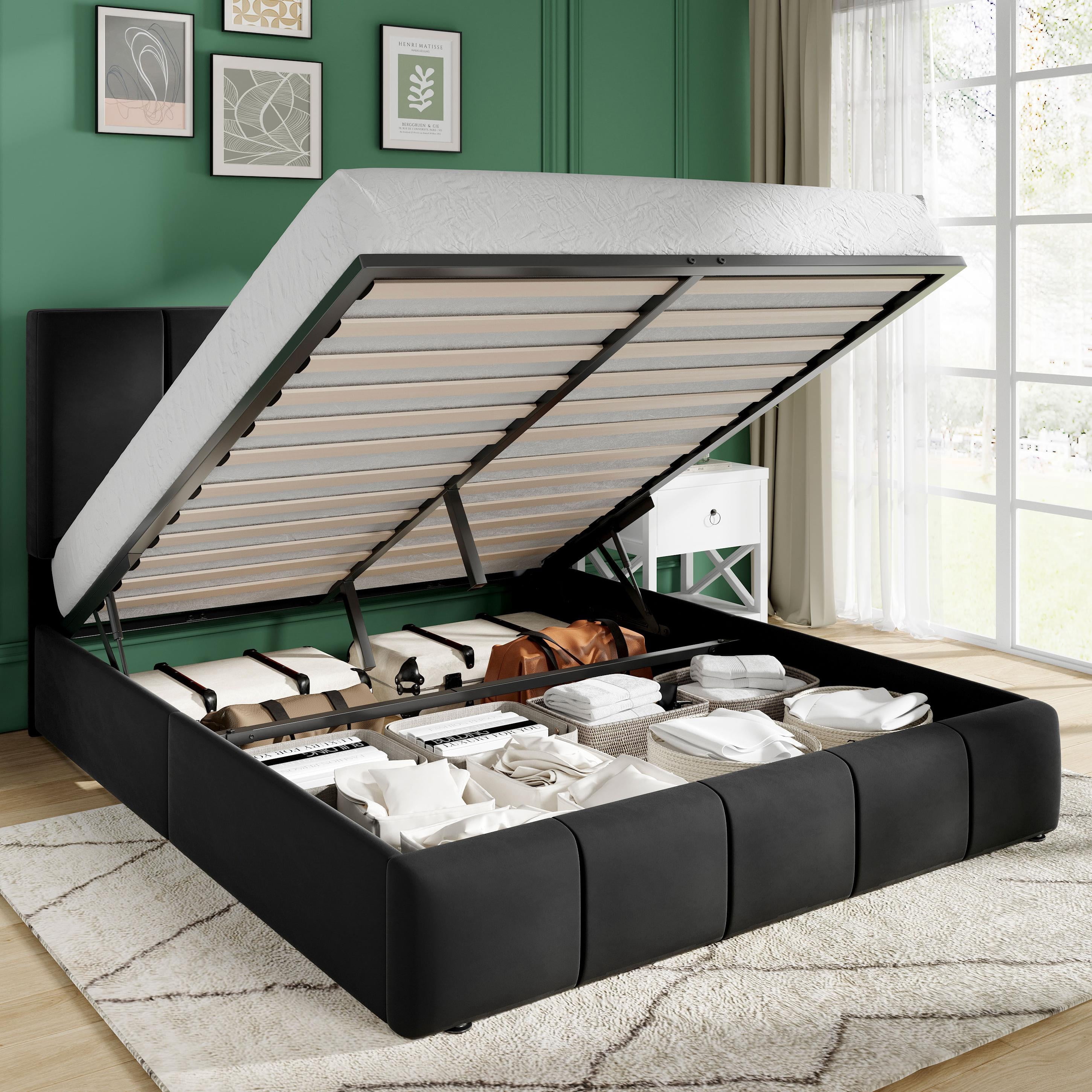 Amolife Full Size Lift Up Storage Bed Frame, Velvet Upholstered Platform Bed with Adjustable Headboard, No Box Spring Needed, Black