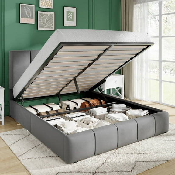 Amolife Full Size Lift Up Storage Bed Frame, Velvet Upholstered Platform Bed with Adjustable Headboard, No Box Spring Needed, Gray