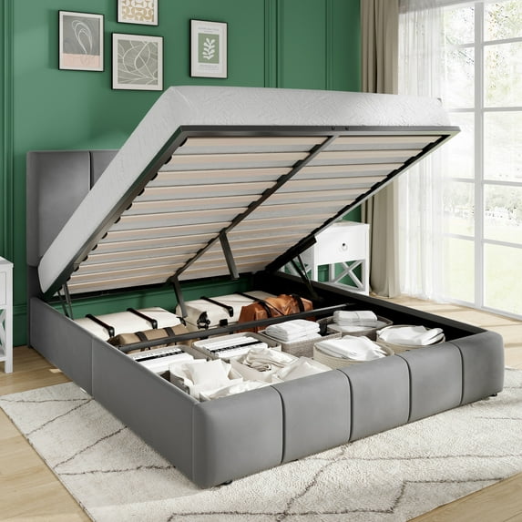 Amolife Full Size Lift Up Storage Bed Frame, Velvet Upholstered Platform Bed with Adjustable Headboard, No Box Spring Needed, Gray