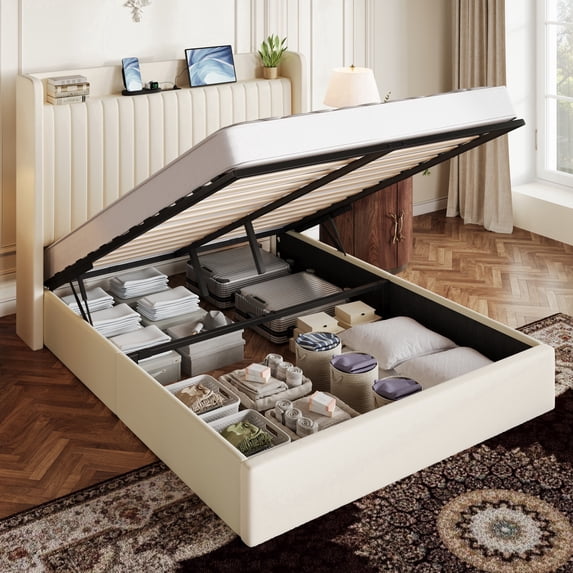 Amolife Full Size Lift Up Storage Platform Bed Frame with Velvet Built-in Charging Station Wingback Headboard, Cream