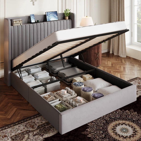 Amolife Full Size Lift Up Storage Platform Bed Frame with Velvet Built-in Charging Station Wingback Headboard, Grey