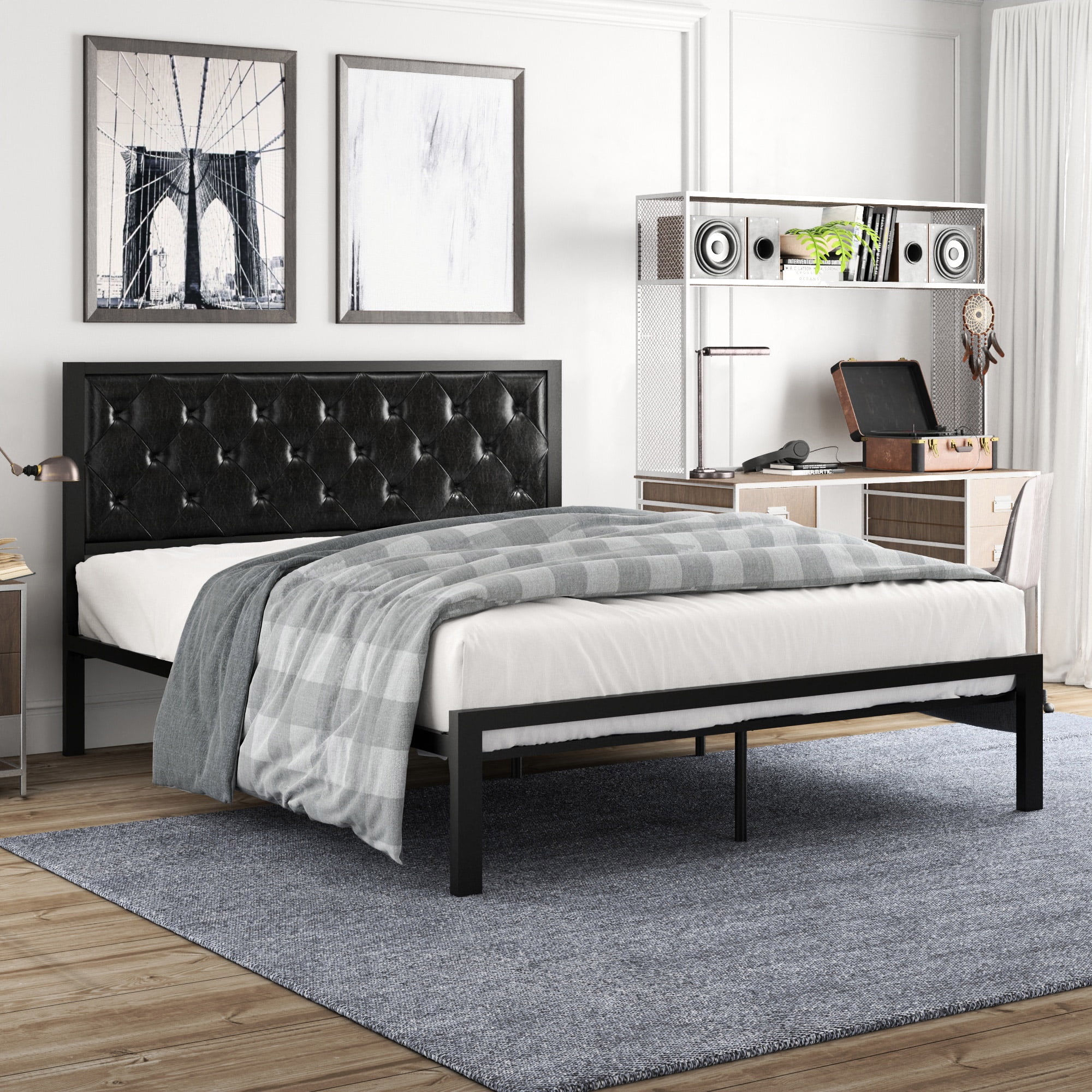 Full Black Metal Platform Bed with Tufted Faux Leather Headboard