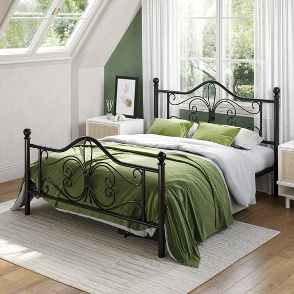 Amolife Full Size Metal Platform Bed Frame With Vintage Butterfly Pattern Headboard&Footboard, Black