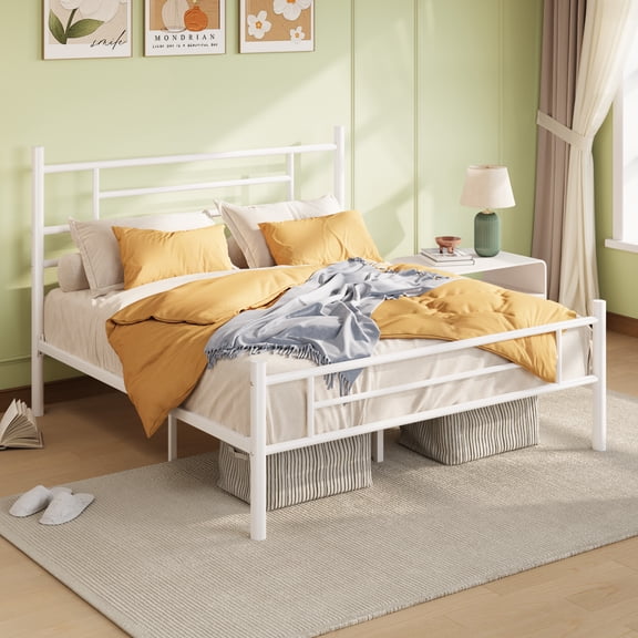 Amolife Full Size Metal Platform Bed Frame with Headboard and Footboard, 12.5'' Underbed Storage, Adult, White