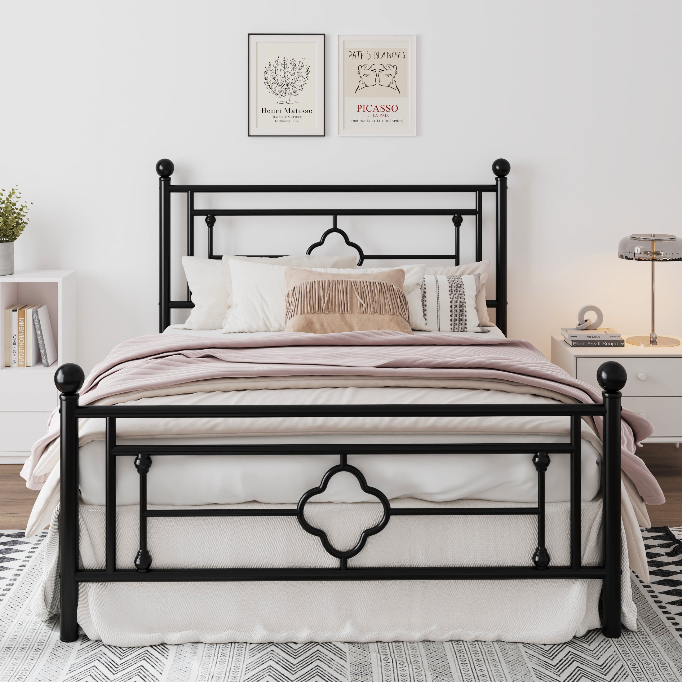 Black Full Size Metal Platform Bed Frame with Victorian Headboard