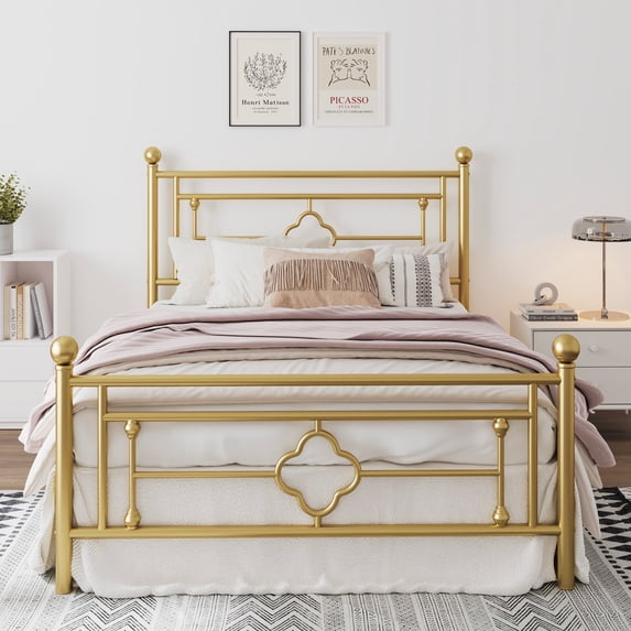Amolife Full Size Metal Platform Bed Frame with Vintage Cross Pattern Headboard&Footboard, Gold