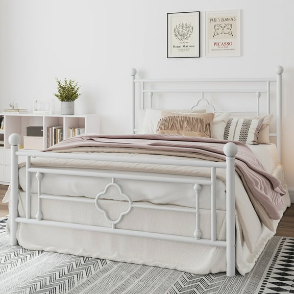 Amolife Full Size Metal Platform Bed Frame with Vintage Cross Pattern Headboard&Footboard, White