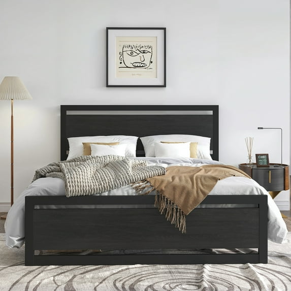 Amolife Full Size Metal Platform Bed Frame with Wooden Headboard, 12.4" Under-Bed Storage, Black