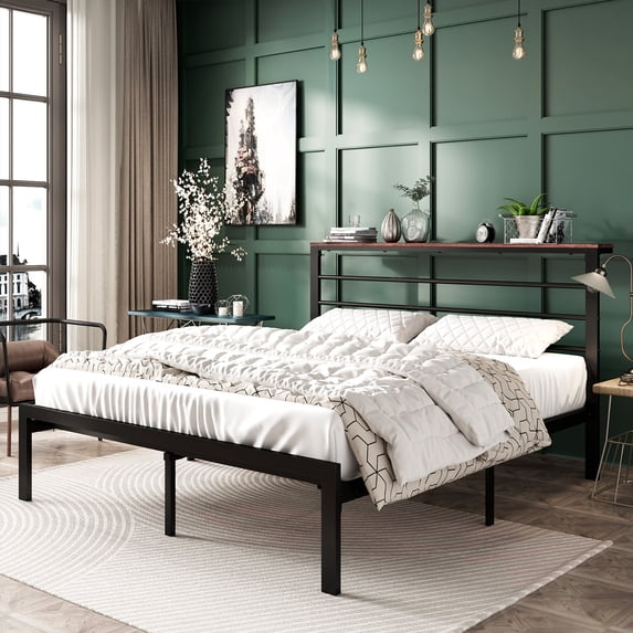 Amolife Full Size Metal Platform Vintage Bed Frame with Storage Headboard Shelf, Sandalwood Brown