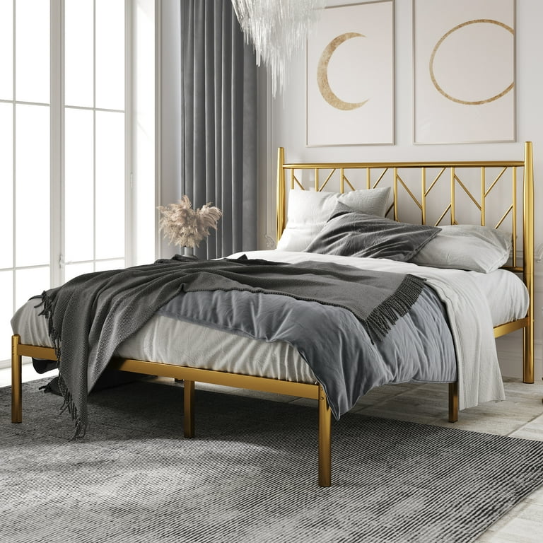 Amolife Full Size Modern Metal Platform Bed Frame Vintage Style Gold