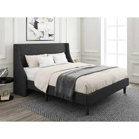Amolife King Size Modern Platform Upholstered Bed Frame with Deluxe Wingback, Deep Grey