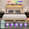 thumbnail image 1 of Amolife Full Size Platform Bed Frame with 2-Tier LED Storage Fabric Wingback Headboard & 2 Storage Drawers, USB & Type-C Charging Ports, Beige, 1 of 12