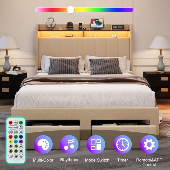 Amolife Full Size Platform Bed Frame with 2-Tier LED Storage Fabric Wingback Headboard & 2 Storage Drawers, USB & Type-C Charging Ports, Beige