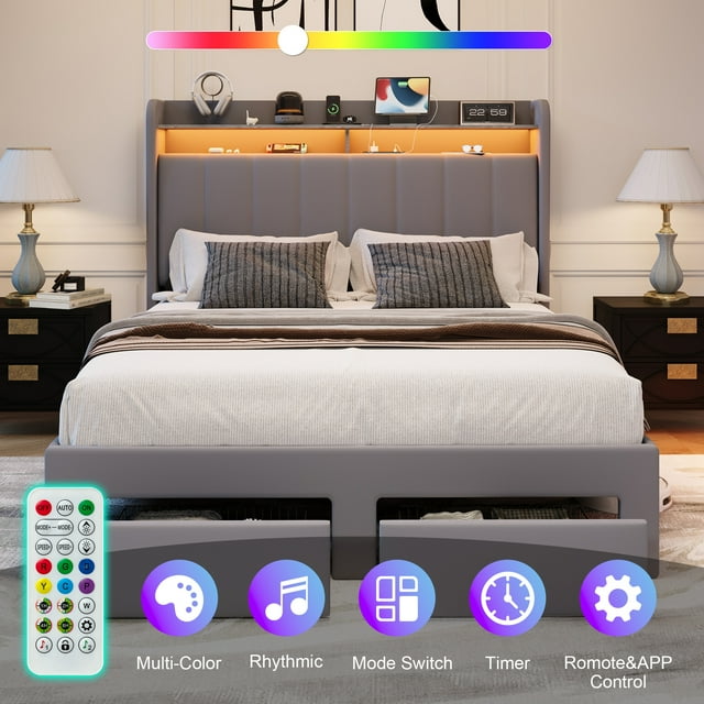Amolife Full Size Platform Bed Frame with 2-Tier LED Storage Velvet Wingback Headboard & 2 Storage Drawers, USB & Type-C Charging Ports, Light Grey