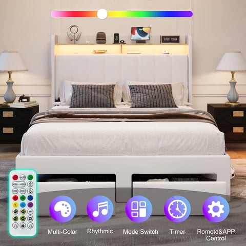 Amolife Full Size Platform Bed Frame with 2-Tier LED Storage Velvet Wingback Headboard & 2 Storage Drawers, USB & Type-C Charging Ports, White