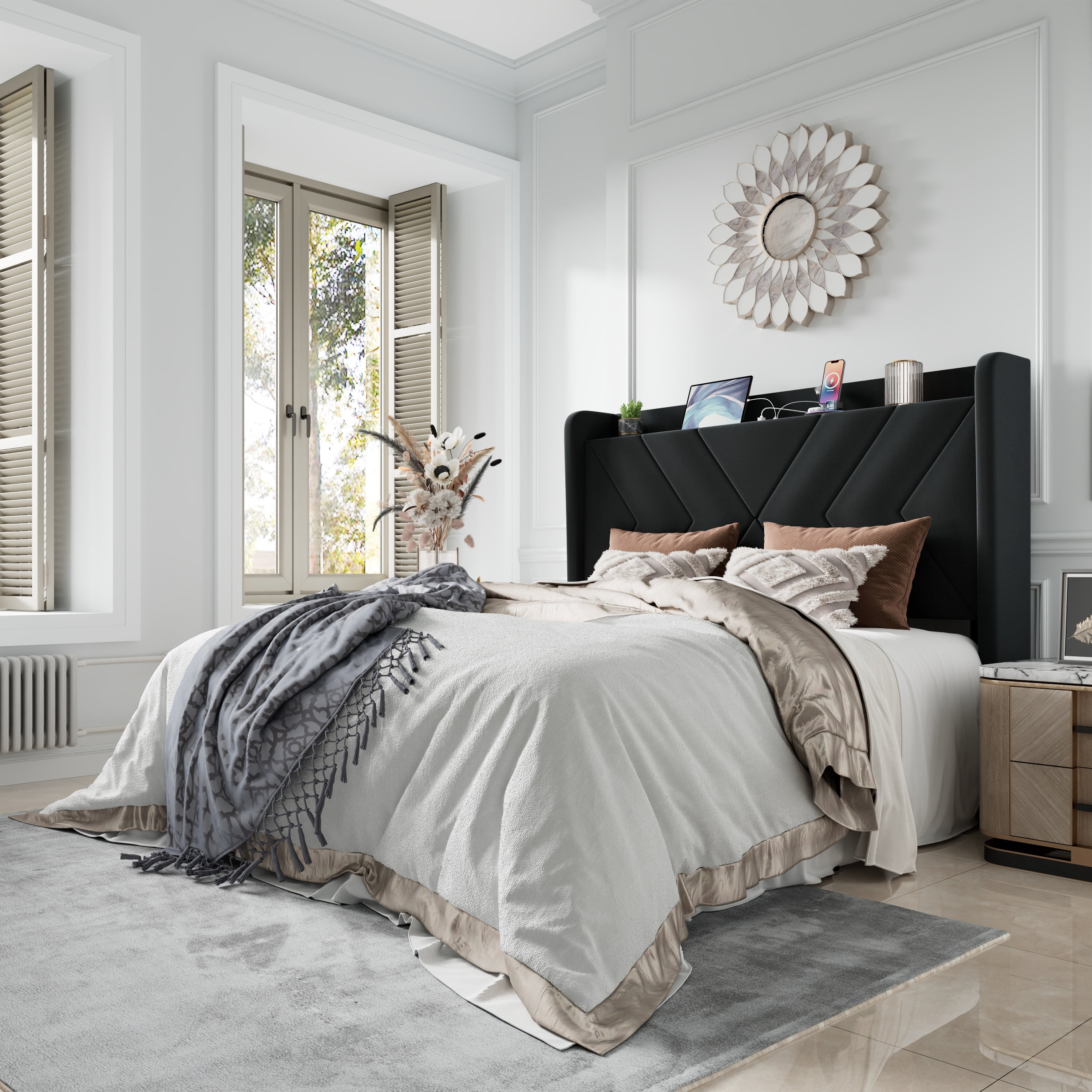 Amolife Full Size Platform Bed Frame with 4-in-1 Charging Station & Storage Shelf, Upholstered Velvet Wingback Headboard, Black