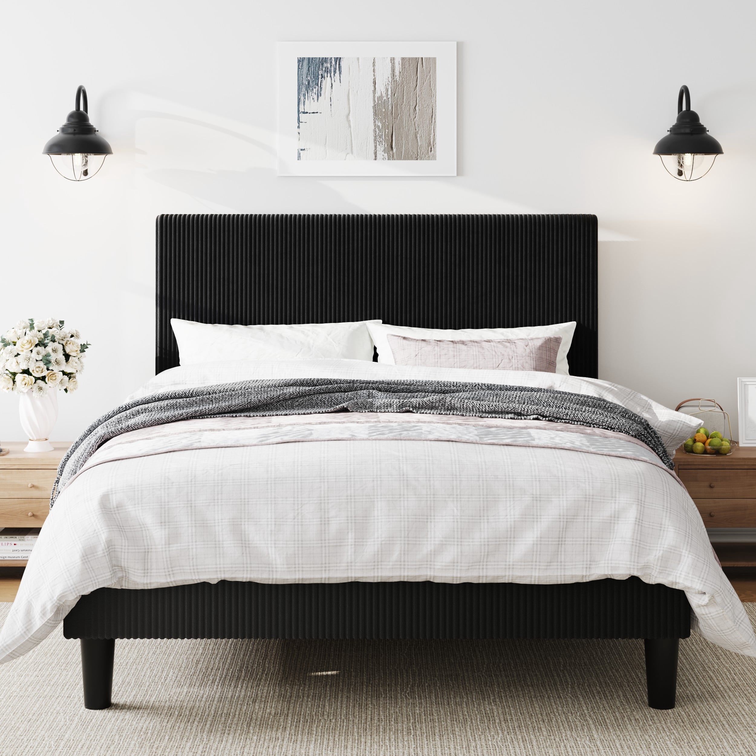 Amolife Full Size Platform Bed Frame with Corduroy Fabric Upholstered Adjustable Height Headboard, Black