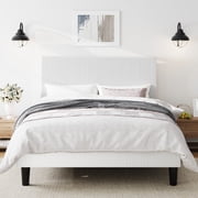 Amolife Full Size Platform Bed Frame with Corduroy Fabric Upholstered Adjustable Height Headboard, Off-White