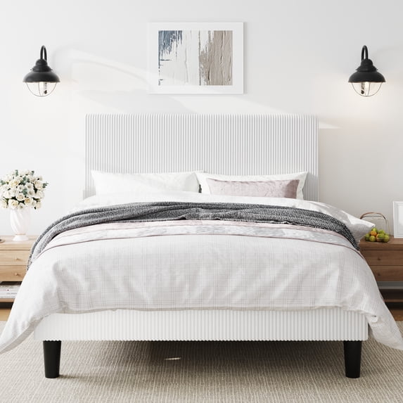 Amolife Full Size Platform Bed Frame with Corduroy Fabric Upholstered Adjustable Height Headboard, Off-White