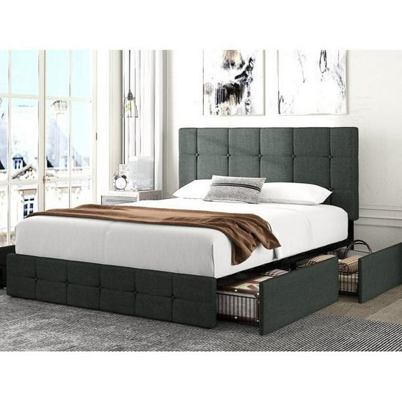 Amolife Full Size Platform Bed Frame with Headboard and 4 Storage Drawers, Button Tufted Style, Dark Grey, Mattress Not Included