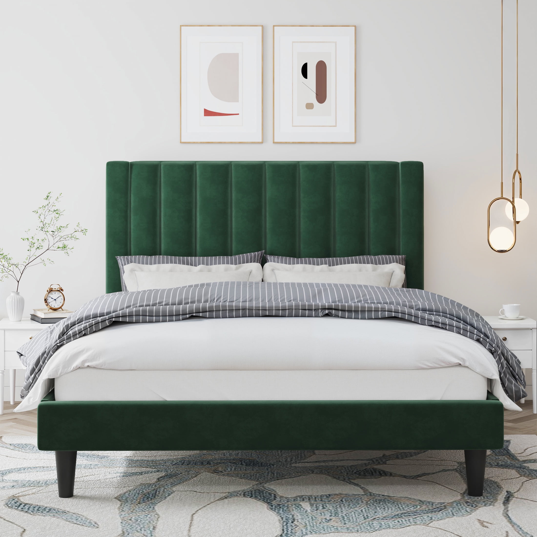Amolife Full Size Platform Bed Frame with Upholstered Velvet Channel Headboard, Green