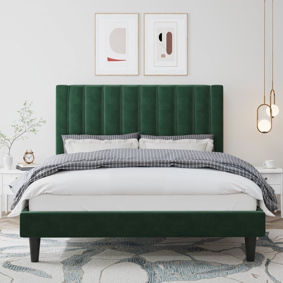 Amolife Full Size Platform Bed Frame with Upholstered Velvet Channel Headboard, Green