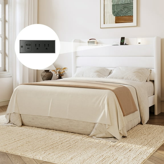 Amolife Full Size Platform Bed Frame with Upholstered Velvet Wingback Slat Headboard & Built-In Charging Station, White