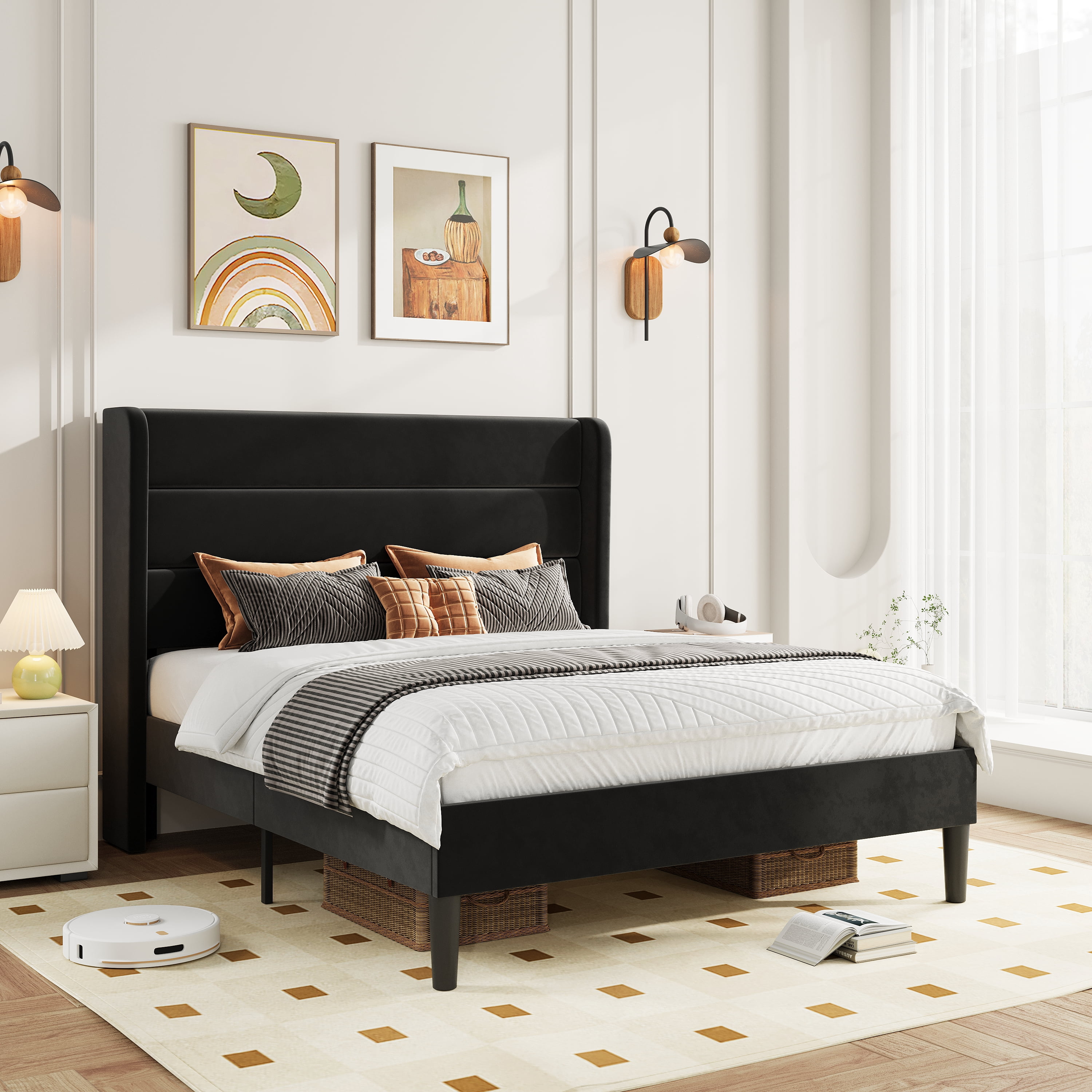 Amolife Full Size Platform Bed Frame with Velvet Upholstered Wingback Headboard, No Box Spring Needed, Black