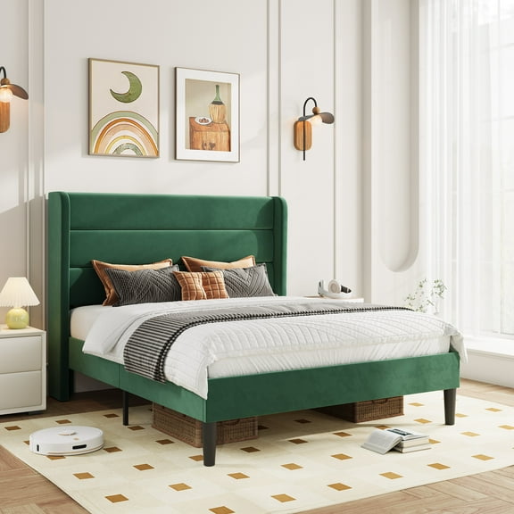 Amolife Full Size Platform Bed Frame with Velvet Upholstered Wingback Headboard, No Box Spring Needed, Green