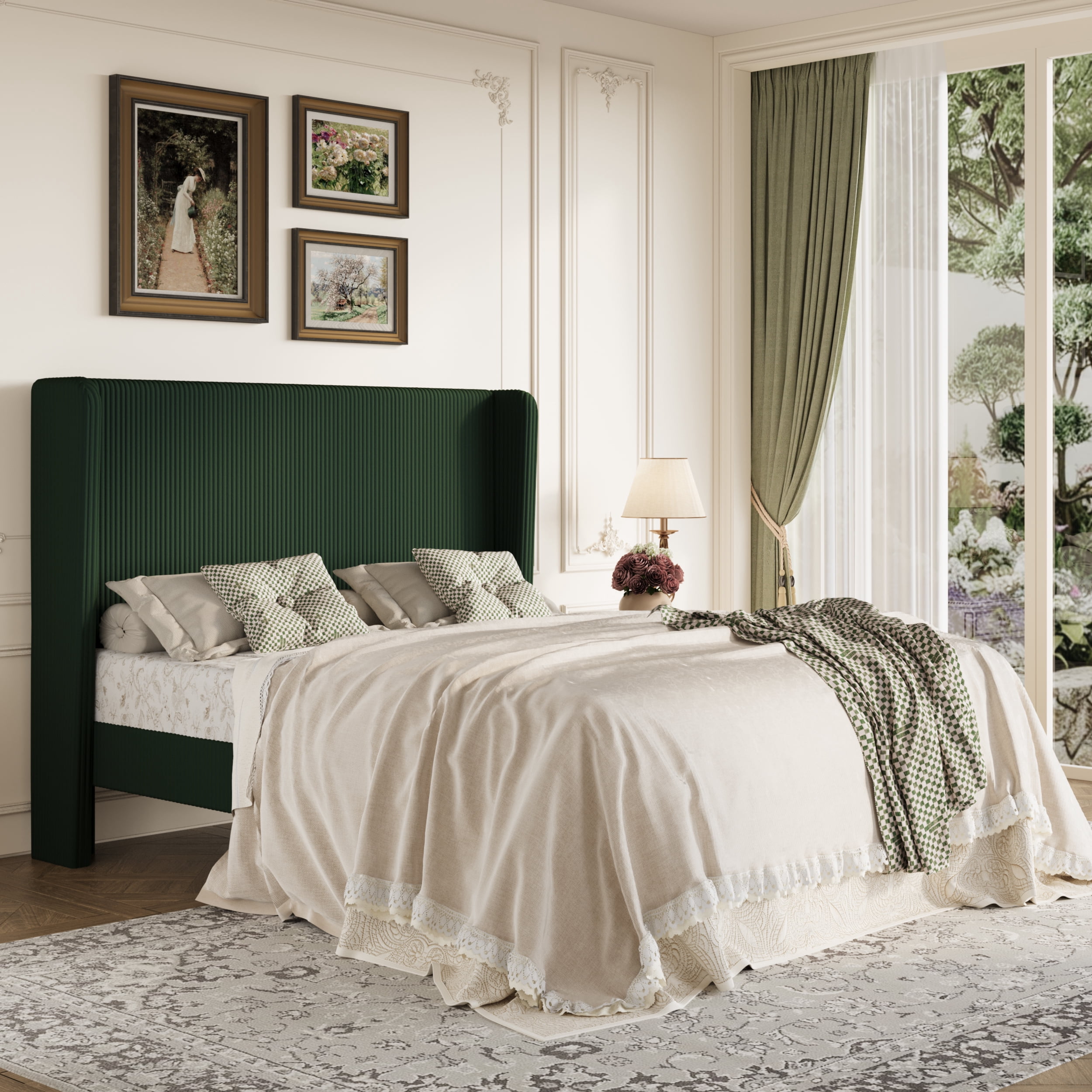 Amolife Full Size Platform Bed Frame with Velvet Upholstered Wingback Headboard, Green