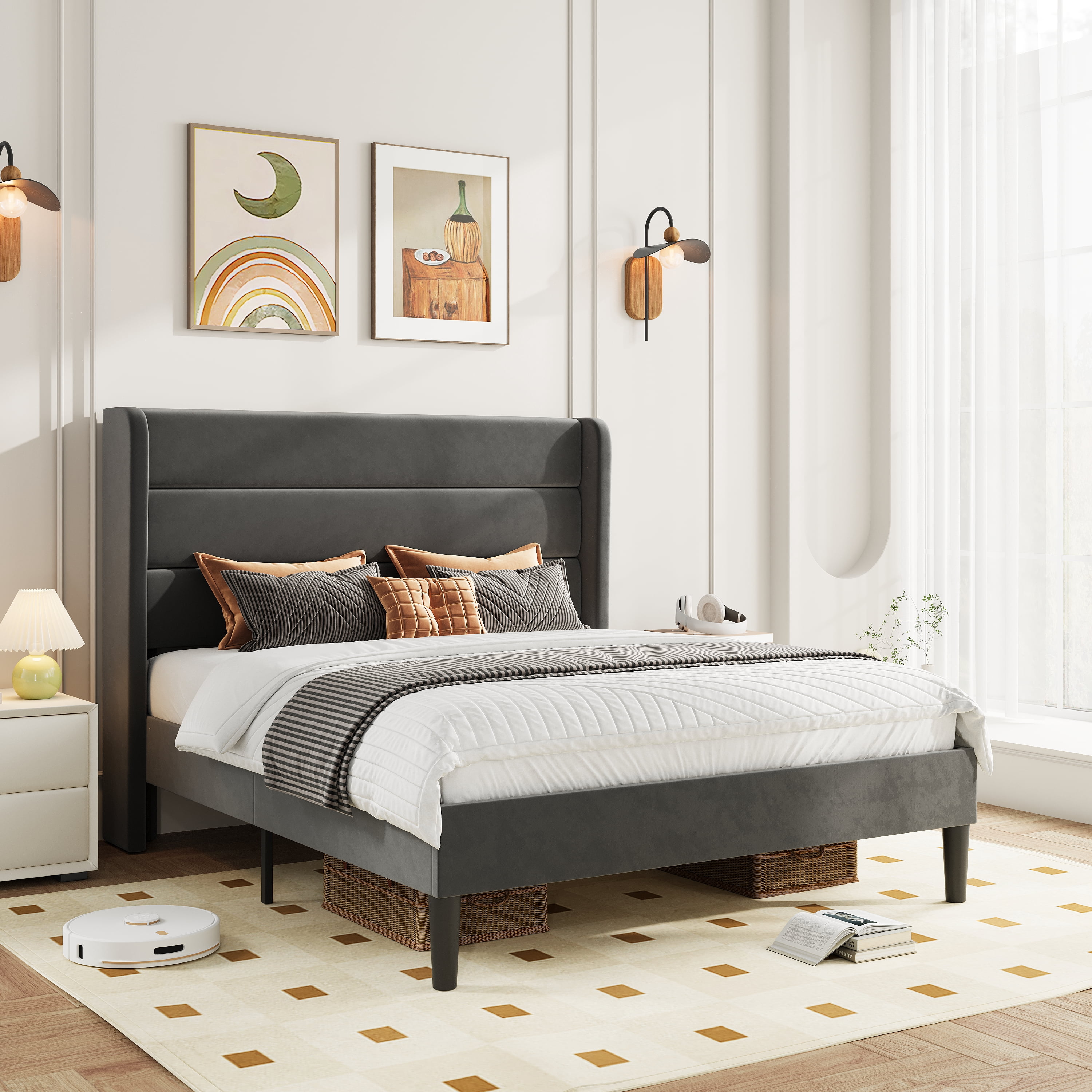 Amolife Full Size Platform Bed Frame with Velvet Upholstered Wingback Headboard, No Box Spring Needed, Light Gray
