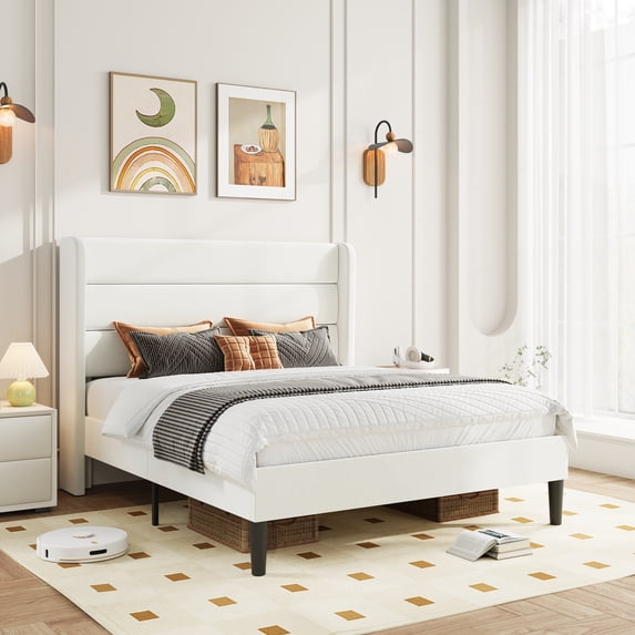 Amolife Full Size Platform Bed Frame with Velvet Upholstered Wingback Headboard, No Box Spring Needed, Off-white