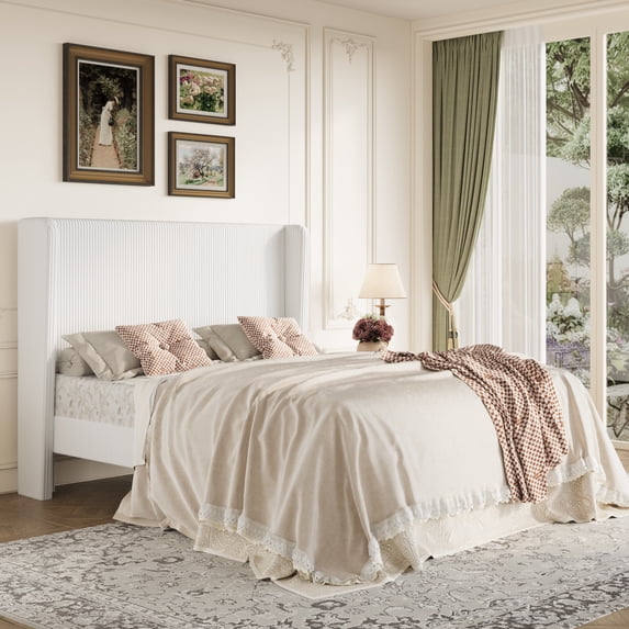 Amolife Full Size Platform Bed Frame with Velvet Upholstered Wingback Headboard, Off-White