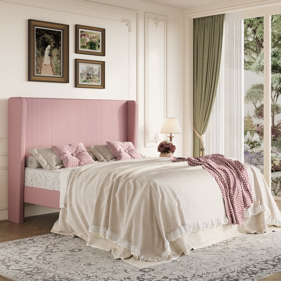 Amolife Full Size Platform Bed Frame with Velvet Upholstered Wingback Headboard, Pink