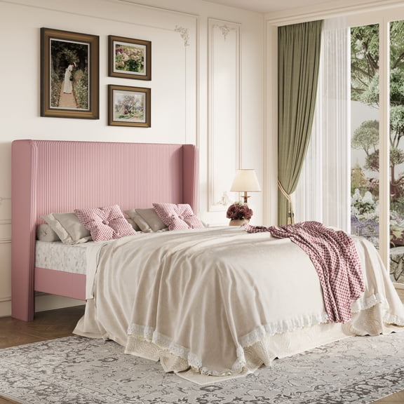 Amolife Full Size Platform Bed Frame with Velvet Upholstered Wingback Headboard, Pink