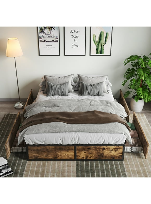 Amolife Full Size Platform Storage Bed Frame with 4 XL Drawers&Metal Slat Support, Brown