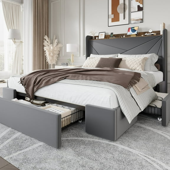 Amolife Full Size Storage Bed Frame with Charging Station & 3 Drawers, Velvet Platform Bed with Upholstered Wingback Headboard, Gray