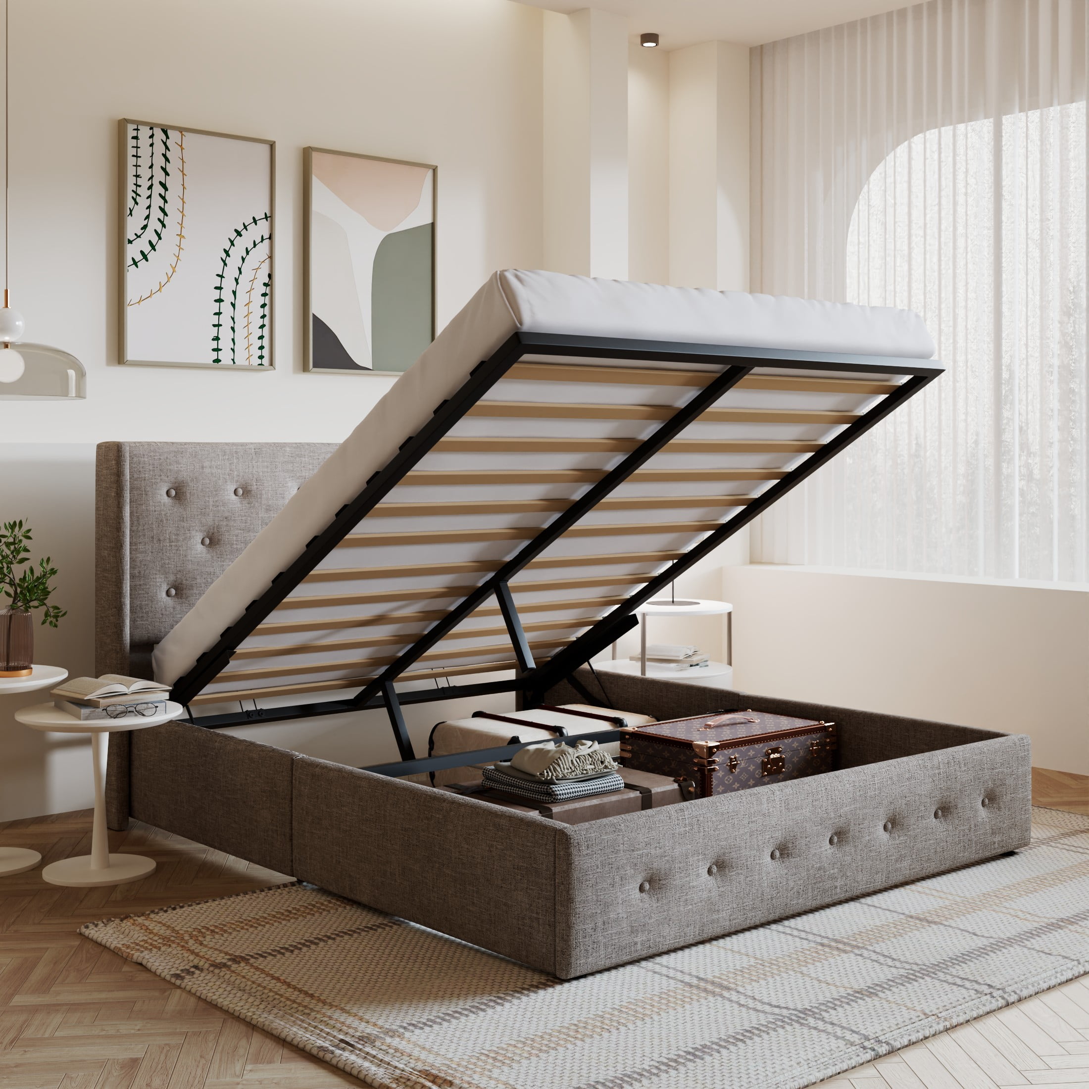 Amolife Queen Size Upholstered Lift Storage Bed Frame, No