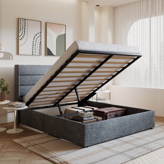 Amolife Full Size Upholstered Lift up Storage Platform Bed Frame with Fabric Panel Wingback Headboard, Gray Blue
