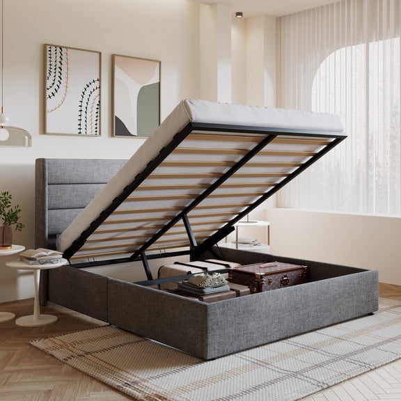 Amolife Full Size Upholstered Lift up Storage Platform Bed Frame with Fabric Panel Wingback Headboard, Light Gray