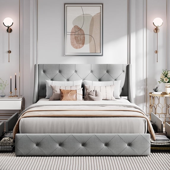 Amolife Full Size Upholstered Platform Bed Frame with 4 Storage Drawers & Fabric Tufted Wingback Headboard, Light Gray