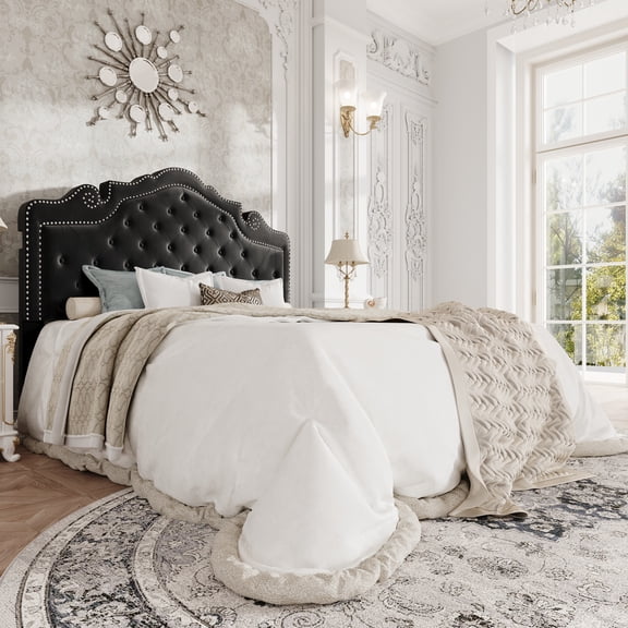 Amolife Full Bed Frame with Adjustable Crown-Shaped Headboard, Upholstered Platform Bed, No Box Spring Required, Black