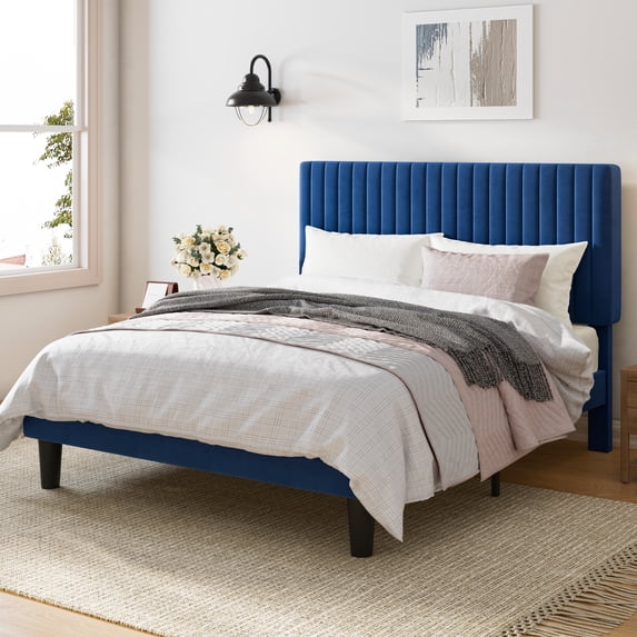 Amolife Full Size Upholstered Platform Bed Frame with Adjustable Velvet Headboard, Dark Blue