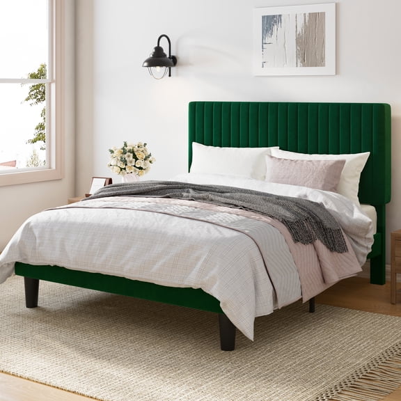 Amolife Full Size Upholstered Platform Bed Frame with Adjustable Velvet Headboard, Green